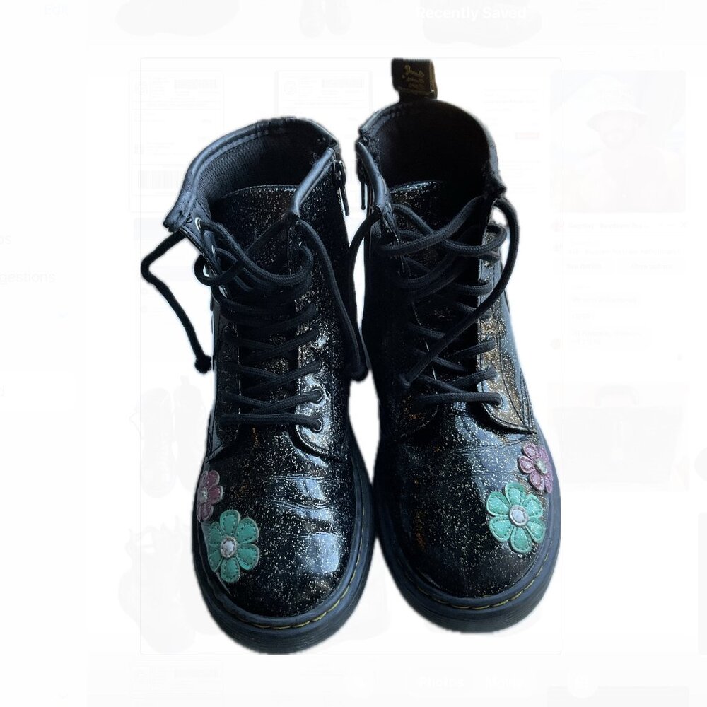 Doc Marten “1460 Airwair” Cosmic Glitter Black Patent Pink & Blue Flowers EU 34